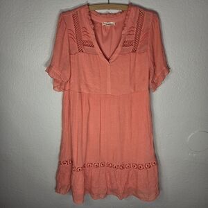 Indigo Rose Orange Size L Mini Swing Dress Embroidered Short Sleeves V-Neck